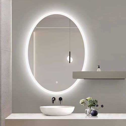 Decmiroor LED Spiegel Badezimmer Wandspiegel 75x100cm Rahmenlos Kosmetikspiegel Oval mit Beleuchtung Dimmbar Lichtspiegel Badezimmerspiegel mit Entfoggen Touch(Frosted Edge,24"x16") von Decmiroor