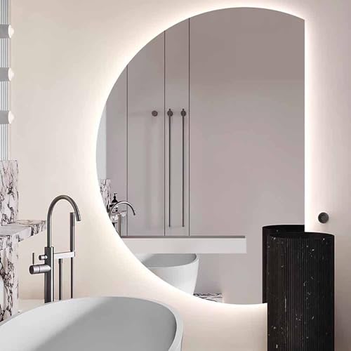 Decmiroor Modern Bad-Schminkspiegel mit Beleuchtung 3 Farben Dimmbar Antibeschlag Halbrunder Wandspiegel 120/130cm Rahmenlos Halbkreis Dekospiegel(Left Semicircle,51" Lx35 W) von Decmiroor