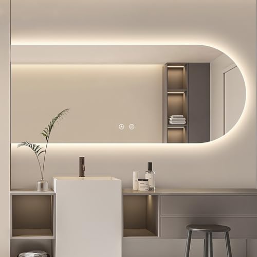 Decmiroor Modern Badspiegel 120cm Beschlagfrei Spiegel 130cm Groß Bogen Wandspiegel Rahmenloser 3 Farben Dimmbar Schminkspiegel mit Hinterleuchteten(Cut Left,48 * 24inch) von Decmiroor