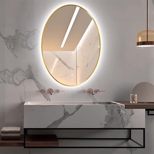 Decmiroor Oval Badspiegel Anti-Beschlag Beleuchteter Wandspiegel mit Licht 3 Lichtfarbe Einstellbar 70/80/90/100cm Rahmenlos Gold Schminkspiegel mit Metallrahmen(Gold,30 * 40inch) von Decmiroor