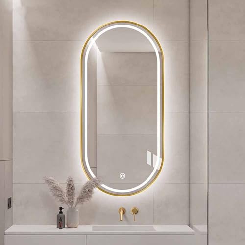 Decmiroor Oval LED Badspiegel Gold Wandspiegel Beleuchtet Schminkspiegel mit Aluminiumrahmen 3 Lichtfarbe Dimmbar Antibeschlag für Badezimmer, Schlafzimmer(Frontlit,80 * 130cm) von Decmiroor