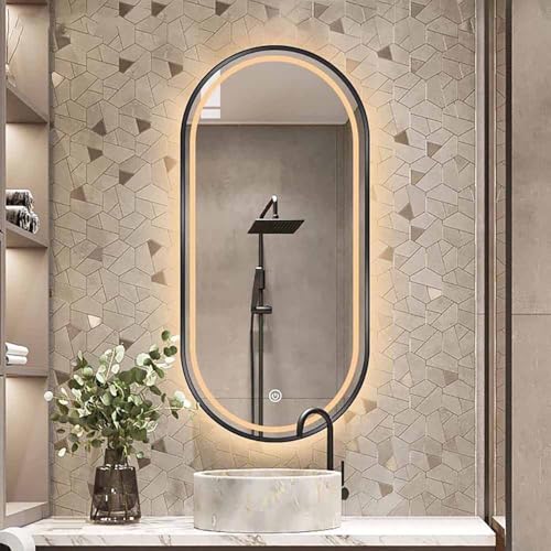 Decmiroor Oval Wandspiegel mit Beleuchtung 3 Farben LED Badspiegel 80-130CM Dimmbar Beschlagfrei Intelligent Kosmetikspiegel mit Touch-Schalter Metallrahmen(Black,40 * 24in) von Decmiroor
