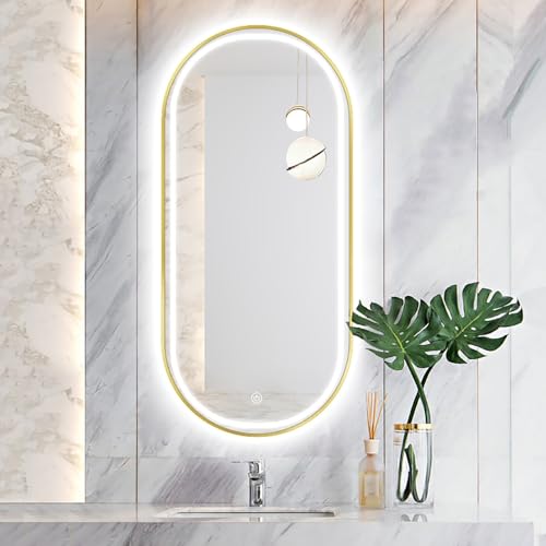 Decmiroor Oval Wandspiegel mit Beleuchtung 3 Farben LED Badspiegel 80-130CM Dimmbar Beschlagfrei Intelligent Kosmetikspiegel mit Touch-Schalter Metallrahmen(Gold,48 * 24in) von Decmiroor