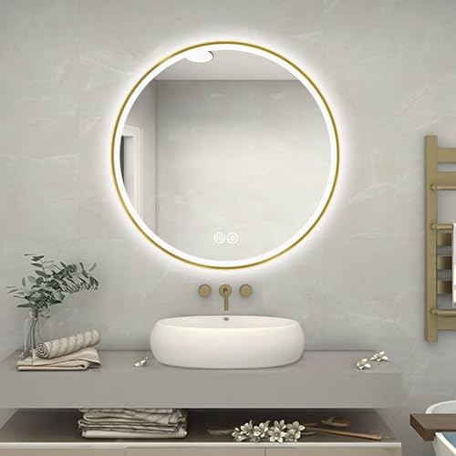 Decmiroor Rund Wandspiegel mit Licht LED 90cm Beschlagfrei Badspiegel 60cm Dimmbar 3 Lichtfarbe Beleuchtet Kosmetikspiegel 70cm Runder Goldrahmen Dekospiegel(70cm) von Decmiroor