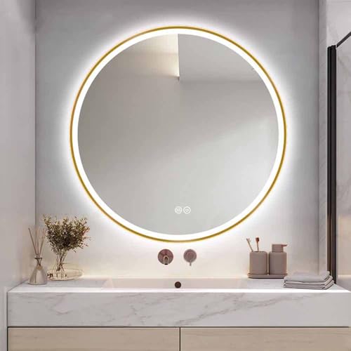 Decmiroor Runder Badspiegel 100CM LED Spiegel mit Touch-Schalter 3 Lichtfarbe Beleuchtung Schminkspiegel 50cm Rund Wandspiegel Beschlagfrei für Waschräume(Gold,70cm/28in) von Decmiroor