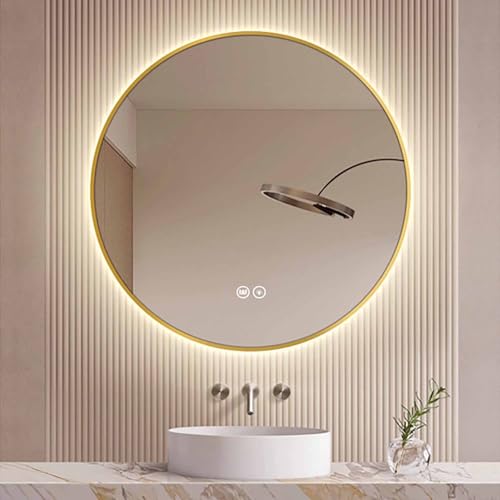 Decmiroor Runder Badspiegel mit Beleuchtung Dimmbar 3 Lichtfarbe Rund Wandspiegel mit Touch-Schalter Antibeschlag Kosmetikspiegel Goldrahmen Dekospiegel(Backlit,70cm) von Decmiroor