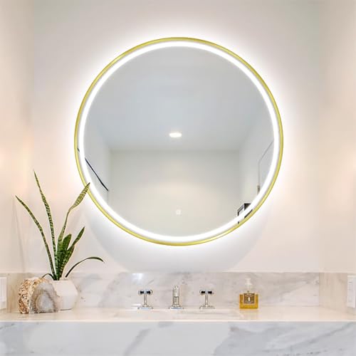 Decmiroor Runder Badspiegel mit Beleuchtung Dimmbar 3 Lichtfarbe Rund Wandspiegel mit Touch-Schalter Antibeschlag Kosmetikspiegel Goldrahmen Dekospiegel(Frontlit,50cm) von Decmiroor
