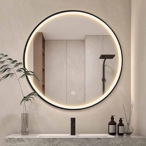 Decmiroor Runder LED Spiegel für Bad 50-100cm Rund Metallrahmen Kosmetikspiegel 3 Farben Beleuchtet Wandspiegel Dimmbar Antibeschlag Badspiegel mit Touch-Schalter(Black,32in/80cm) von Decmiroor