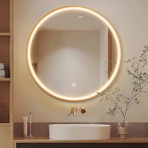 Decmiroor Runder LED Spiegel für Bad 50-100cm Rund Metallrahmen Kosmetikspiegel 3 Farben Beleuchtet Wandspiegel Dimmbar Antibeschlag Badspiegel mit Touch-Schalter(Gold,24in/60cm) von Decmiroor