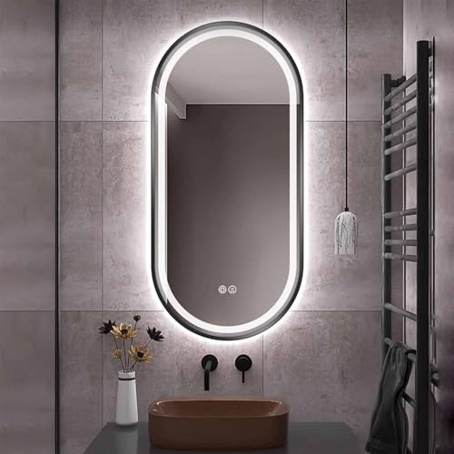 Decmiroor Wandmontage Badspiegel mit Metallrahmen 100/120cm Oval Beleuchtet Wandspiegel mit 3 Farben LED Licht Dimmbar Beschlagfrei Modern Schminkspiegel(Black,75 * 120cm) von Decmiroor