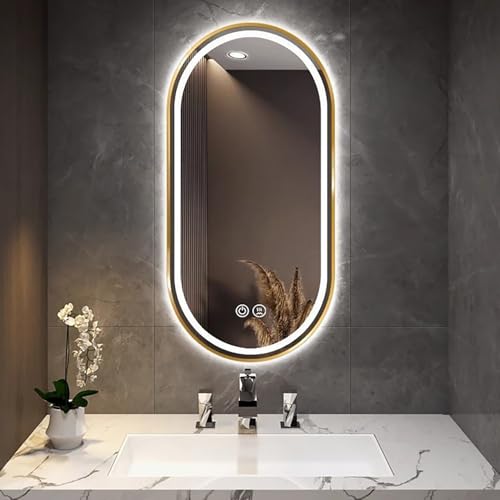 Decmiroor Wandmontage Badspiegel mit Metallrahmen 100/120cm Oval Beleuchtet Wandspiegel mit 3 Farben LED Licht Dimmbar Beschlagfrei Modern Schminkspiegel(Gold,60 * 100cm) von Decmiroor