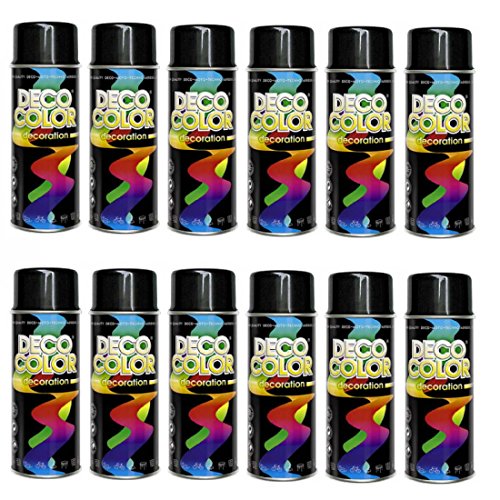 Deco Color 12er Sparpack (1 Karton) Lackspray glänzend 400ml schwarz glanz RAL 9005 von Deco Color