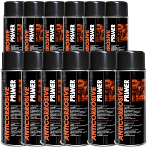 Deco Color 12 Stück ANTICORROSIVE PRIMER SCHWARZ 400ml - Grundierung/Haftgrund für z.B. Alufelgen, KFZ, Holz, Beton (12 Dosen 400ml Grundierung Schwarz) von Deco Color