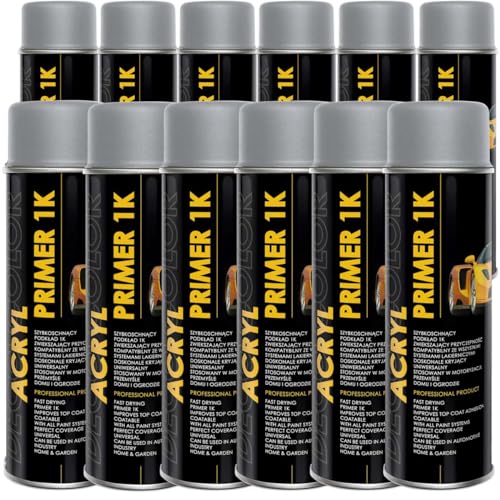 Deco Color 12 STÜCK ACRYL CAR LINE Grundierung GRAU 500ml - Haftgrund für z.B. Alufelgen, KFZ, Holz, Beton uvm. (12 Dosen 500ml Grundierung Grau) von Deco Color