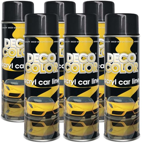 Deco Color 6er Sparpack ACRYL CAR LINE SCHWARZ GLANZ RAL 9005 in 500ml - Lackspray für z.B. KFZ, Auto, Motorrad, Alufelgen, Stahlfelgen uvm. (6 Dosen 500ml Schwarz GLANZ) von Deco Color