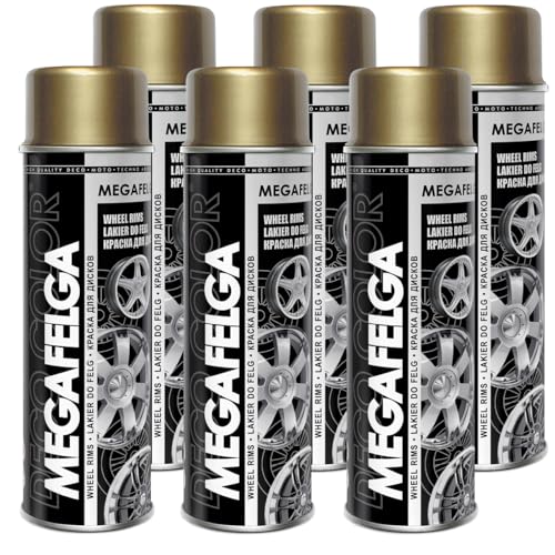 Deco Color 6er Sparpack MEGAFELGA 500ml - Felgenlack - Lackspray für Alufelgen und Stahlfelgen (6 Dosen 500ml Felgenlack Gold) von Deco Color