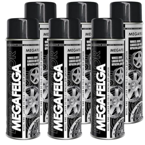 Deco Color 6er Sparpack MEGAFELGA 500ml - Felgenlack - Lackspray für Alufelgen und Stahlfelgen (6 Dosen 500ml Felgenlack Schwarz Glanz) von Deco Color