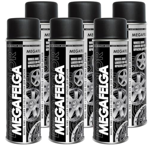 Deco Color 6er Sparpack MEGAFELGA 500ml - Felgenlack - Lackspray für Alufelgen und Stahlfelgen (6 Dosen 500ml Felgenlack Schwarz Matt) von Deco Color