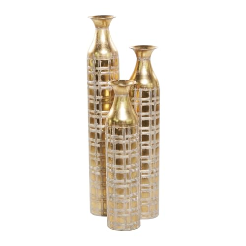 Deco 79 Metall-Vase in Distressed-Optik aus Metall mit geätzten Gittermustern, 3er-Set, 35", 30", 25" H, Gold von Deco 79