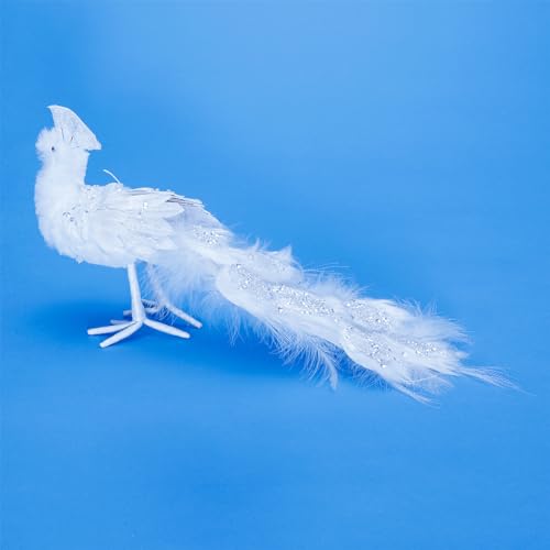 Deko Pfau mit Glitzer 7 x 40 x 20 cm weiß Deko-Tier Künstlicher Pfau Winterdekoration Pfau mit Glitzer und Strass-Steinen Deko-Vogel von Deco Woerner