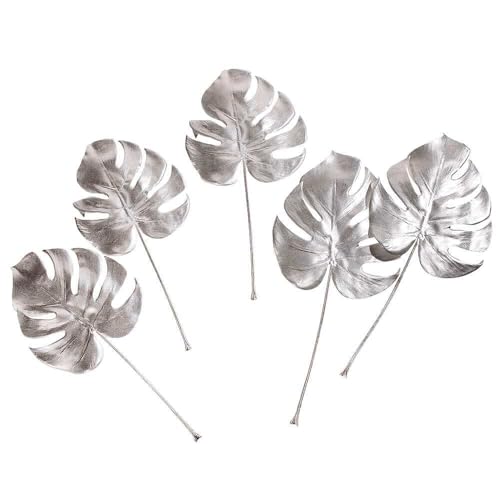 Künstliche Monsterablätter-Set 5 Stück Fake Deko-Blätter Kunstblätter Silber 37 cm von Deco Woerner