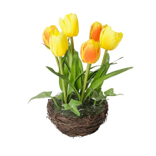 Künstlicher Tulpen im Flechtkorb 20 cm gelb Kunstblumen Deko Blumen von Deco Woerner