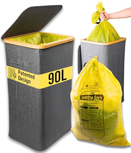 Deco haus® Gelber Sack Ständer 90L [Extra Tragetasche] - Gelber Sack Mülleimer - Stabiler Müllsackständer Extra für gelbe Säcke - Mülleimer mit Deckel - Müllsystem für Küche & Haushalt - Grau von Deco haus