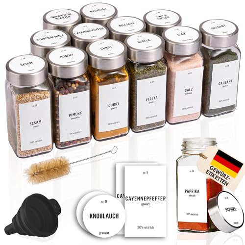 Deco haus® Gewürzgläser eckig luftdicht 12er Set [inkl. Etiketten & Streueinsatz] - Gewürzdosen Set Glas - Gewürzbehälter Spice Jars - Gewürze Aufbewahrung - Behälter für Gewürze - Gewürzaufbewahrung von Deco haus