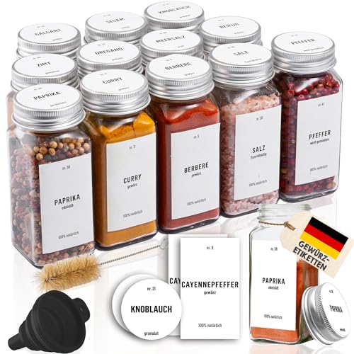 Deco haus® Gewürzgläser eckig luftdicht 12er Set [inkl. Etiketten & Streueinsatz] - Gewürzdosen Set Glas - Gewürzbehälter Spice Jars - Gewürze Aufbewahrung - Behälter für Gewürze - Gewürzaufbewahrung von Deco haus