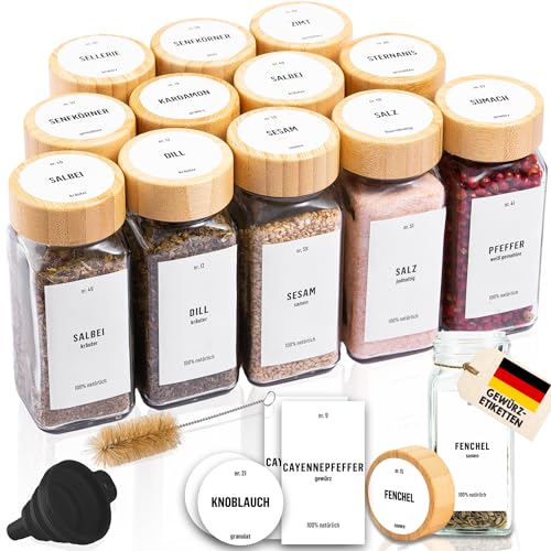 Deco haus® Gewürzgläser eckig luftdicht 12er Set [inkl. Etiketten & Streueinsatz] - Gewürzdosen Set Glas - Gewürzbehälter Spice Jars - Gewürze Aufbewahrung - Behälter für Gewürze - Gewürzaufbewahrung von Deco haus