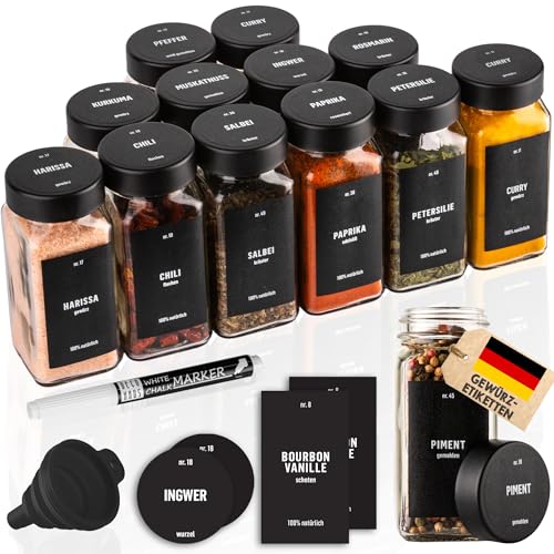 Deco haus® Gewürzgläser eckig luftdicht 12er Set [inkl. Etiketten & Streueinsatz] - Gewürzdosen Set Glas - Gewürzbehälter Spice Jars - Gewürze Aufbewahrung - Behälter für Gewürze - Gewürzaufbewahrung von Deco haus