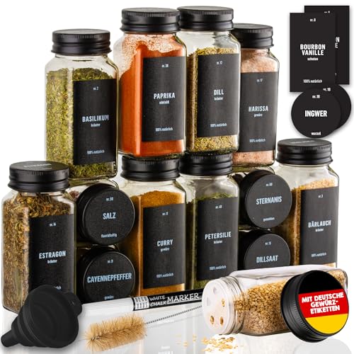 Deco haus® Gewürzgläser eckig mit Schraubkappe 12er Set [+Etiketten & Streueinsatz] - Gewürzdosen Set Glas - Gewürzbehälter Spice Jars - Gewürze Aufbewahrung - Behälter für Gewürze Gewürzaufbewahrung von Deco haus