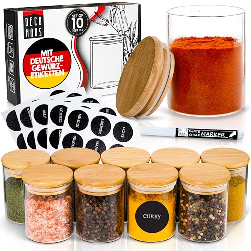Deco haus® Gewürzgläser rund luftdicht mit Holzdeckel 10er Set [+Etiketten] - Gewürzdosen Set Glas - Gewürzbehälter Spice Jars Set - Gewürze Aufbewahrung - Behälter für Gewürze - Gewürzaufbewahrung von Deco haus
