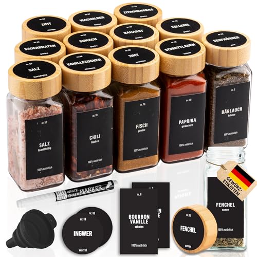 Deco haus® Gewürzgläser eckig mit Holzdeckel 12er Set [+ Etiketten & Streueinsatz] - Gewürzdosen Set Glas - Gewürzbehälter Spice Jars - Aufbewahrung - Behälter für Gewürze - Gewürzaufbewahrung von Deco haus