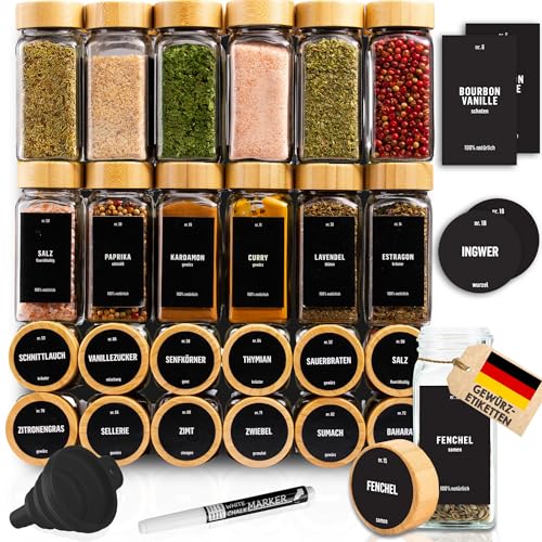 Deco Haus® Gewürzgläser eckig mit Holzdeckel 24er Set [+ Etiketten & Streueinsatz] - Gewürzdosen Set Glas - Gewürzbehälter Spice Jars - Aufbewahrung - Behälter für Gewürze - Gewürzaufbewahrung von Deco haus