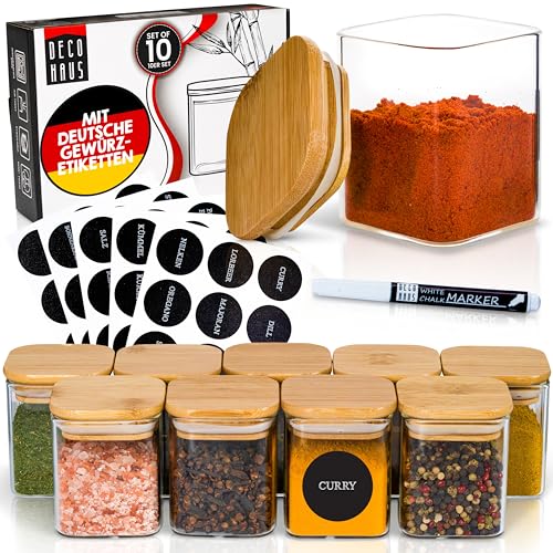 Deco haus® Gewürzgläser eckig luftdicht mit Holzdeckel 10er Set [+Etiketten] - Gewürzdosen Set Glas - Gewürzbehälter Spice Jars Set - Gewürze Aufbewahrung - Behälter - Gewürzaufbewahrung von Deco haus