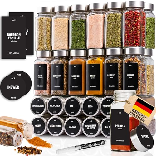 Deco haus® Gewürzgläser Eckig mit Gewürzetiketten Gewürzgläser mit Streueinsatz 36er Set - Gewürzdosen Set Gewürzbehälter Gewürzaufbewahrung - Spice jars Gewurzglaeser Gewürzstreuer Glas von Deco haus