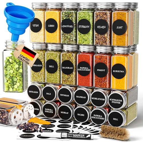 Deco haus® Gewürzgläser Eckig mit Gewürzetiketten Gewürzgläser mit Streueinsatz 36er Set - Gewürzdosen Set Gewürzbehälter Gewürzaufbewahrung - Spice jars Gewurzglaeser Gewürzstreuer Glas von Deco haus