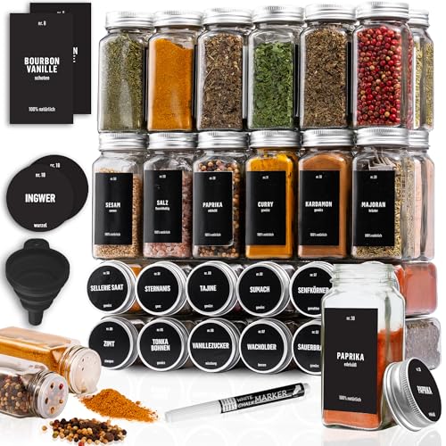 Deco haus® Gewürzgläser Eckig mit Gewürzetiketten Gewürzgläser mit Streueinsatz 36er Set - Gewürzdosen Set Gewürzbehälter Gewürzaufbewahrung - Spice jars Gewurzglaeser Gewürzstreuer Glas von Deco haus