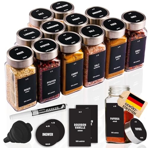 Deco haus® Gewürzgläser eckig luftdicht 12er Set [inkl. Etiketten & Streueinsatz] - Gewürzdosen Set Glas - Gewürzbehälter Spice Jars - Gewürze Aufbewahrung - Behälter für Gewürze - Gewürzaufbewahrung von Deco haus