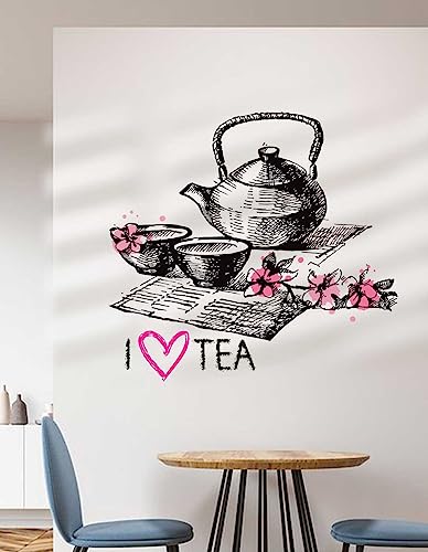 Wandtattoo Wandaufkleber handgezeichneter Stil,Teekanne Teetasse, Blumen Schriftzug „I love tea“, cafe86, 8 Größen 4 Farben zur Wahl, Tee, Tea (Größe 1: 8 x 7 cm, Schwarz (einfarbig, nur bei Gr. 1)) von Deco-idea