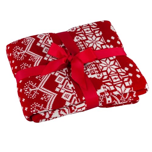 Deco4Me Strickdecke Weihnachten, Rot-Weiß, 130 x 170 cm - Kuscheldecke aus 100% weichem und flauschigem Acrylstoff - Tagesdecke von Deco4Me