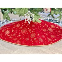 Roter Weihnachtsbaumschmuck, Gobelin-Weihnachtsbaumrock, Neujahrshausschmuck, Roter Weihnachtsbaumrock Mit Goldenen Sternen von DecoBelin