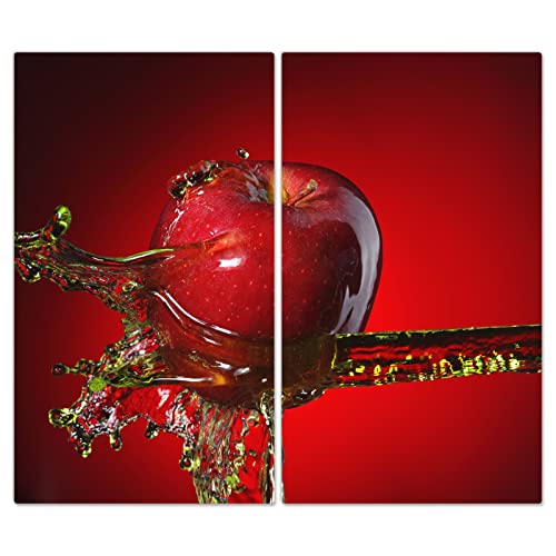 DecoCat Glas-Herdabdeckplatte Ceranfeld Kochfeldabdeckung Herdabdeckung Induktionsschutz Schneideplatte 2 x 30x52 cm Zweiteilig Apfel Wasserstrahl Rot von DecoCat