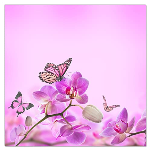 DecoCat Herdabdeckplatte Ceranfeld 40x40 cm Einteilig Orchideen Schmetterling Rosa (03870) Schneideplatte Glas Kochfeldabdeckung Herdabdeckung Induktionsschutz von DecoCat