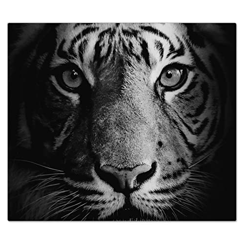 DecoCat Herdabdeckplatte Ceranfeld 60x52 cm Einteilig Tiger-Kopf Schwarzweiß (02346) Schneideplatte Glas Kochfeldabdeckung Herdabdeckung Induktionsschutz von DecoCat