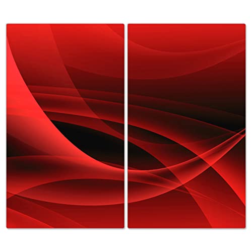 DecoCat Herdabdeckplatten Ceranfeld 2 x 30x52 cm Zweiteilig Abstrakte Wellen Rot (01983) Schneideplatte Glas Kochfeldabdeckung Herdabdeckung Induktionsschutz von DecoCat