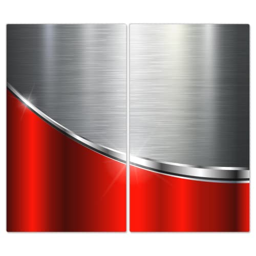 DecoCat Herdabdeckplatten Ceranfeld 2 x 30x52 cm Zweiteilig Metall-Optik Stahlwelle Rot Schneideplatte Glas Kochfeldabdeckung Herdabdeckung Induktionsschutz von DecoCat