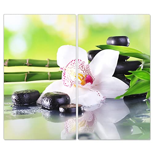 DecoCat Herdabdeckplatten Ceranfeld 2 x 30x52 cm Zweiteilig Orchidee Bambus Zen Mehrfarbig (00579) Schneideplatte Glas Kochfeldabdeckung Herdabdeckung Induktionsschutz von DecoCat