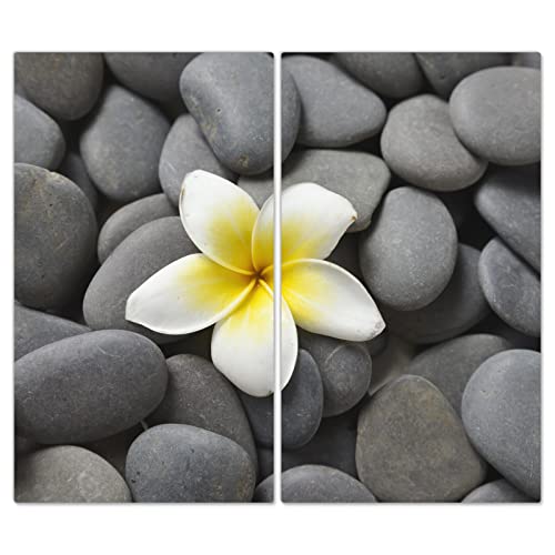 DecoCat Herdabdeckplatten Ceranfeld 2 x 30x52 cm Zweiteilig Plumeria Frangipani Grau (02867) Schneideplatte Glas Kochfeldabdeckung Herdabdeckung Induktionsschutz von DecoCat